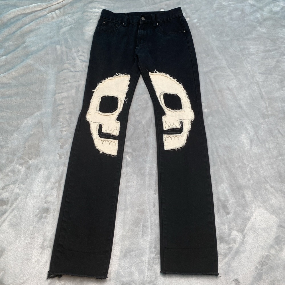 Mnml Jeans Men 29x34 Black Dark Wash Raw Hem Skull Graphic Goth Denim